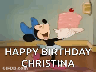A Cartoon Of Minnie Mouse Holding A Giant Cake And Saying Happy Birthday Christina . GIF