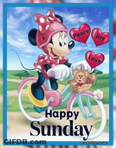 A Cartoon Of Minnie Mouse Riding A Bike With The Words Happy Sunday GIF