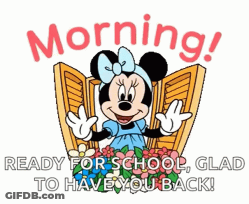 A Cartoon Of Minnie Mouse Standing In Front Of A Window With Shutters Open . GIF