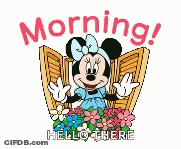 A Cartoon Of Minnie Mouse Standing In Front Of A Window With The Words Morning Hello There Below Her GIF