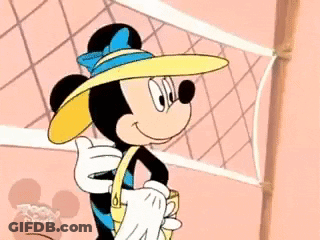 A Cartoon Of Minnie Mouse Wearing A Hat And Holding A Basket GIF