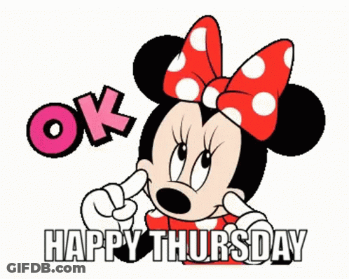 A Cartoon Of Minnie Mouse With A Red Bow On Her Head And The Words Happy Thursday GIF