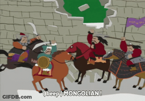 A Cartoon Of Mongolian Soldiers Riding Horses With The Words Beep Mongolian Below Them GIF
