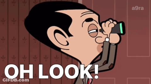 A Cartoon Of Mr Bean Looking Through Binoculars With The Words Oh Look Written Below Him GIF