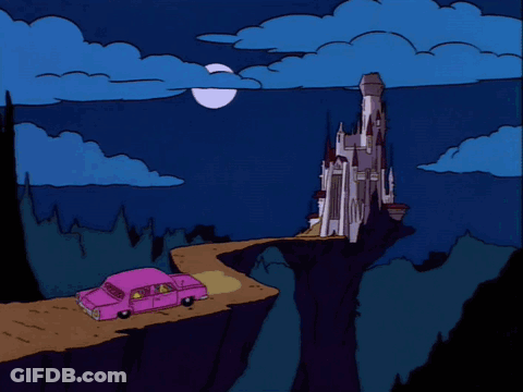 A Cartoon Of Mr. Burns Looking At A Castle GIF