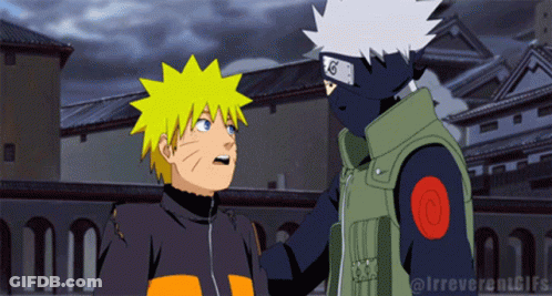 A Cartoon Of Naruto And Kakashi Standing Next To Each Other In Front Of A Building GIF