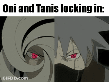 A Cartoon Of Oni And Tanis Looking In Each Other GIF