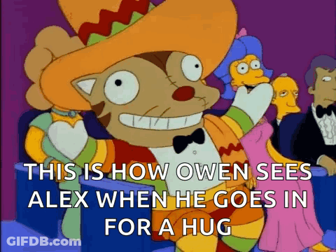 A Cartoon Of Owen Seeing Alex When He Goes In For A Hug GIF