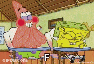 A Cartoon Of Patrick And Spongebob Sitting At A Table With The Letter F On The Bottom GIF