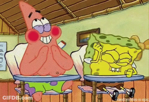 A Cartoon Of Patrick And Spongebob Sitting At Desks With The Caption Randomness-Is-Epic GIF