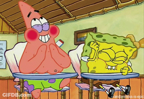 A Cartoon Of Patrick And Spongebob Sitting At Desks With The Caption Randomness Is Epic GIF