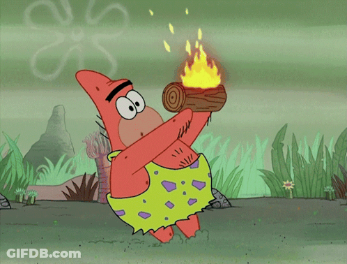 A Cartoon Of Patrick And Spongebob Standing Next To A Log Fire GIF