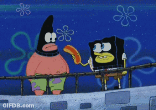 A Cartoon Of Patrick And Spongebob Standing On A Bridge GIF
