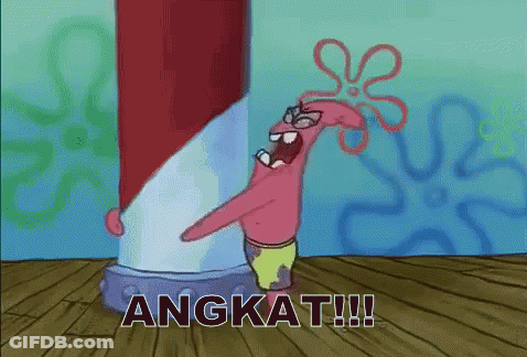 A Cartoon Of Patrick From Spongebob Squarepants Standing Next To A Pole With The Word Angkat Written On It GIF