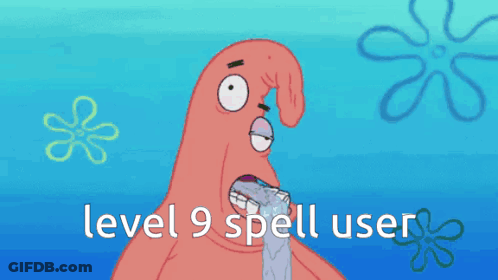 A Cartoon Of Patrick From Spongebob Squarepants With The Words Level 9 Spell User GIF