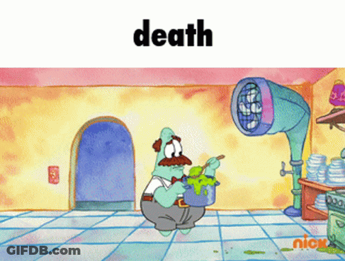 A Cartoon Of Patrick Holding A Pot Of Slime With The Word Death Above Him GIF