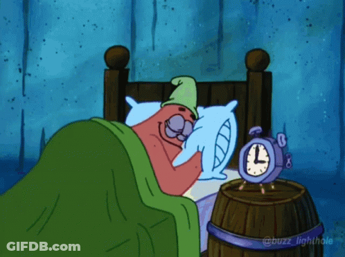 A Cartoon Of Patrick Sleeping Next To An Alarm Clock That Reads 1:12 GIF