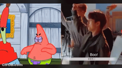 A Cartoon Of Patrick Star And A Cartoon Of A Man With The Word Boo On The Bottom Right GIF