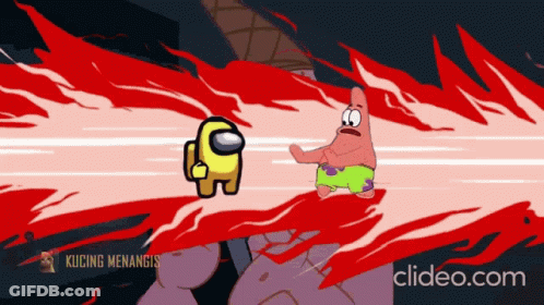 A Cartoon Of Patrick Star And A Yellow Among Us GIF