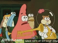 A Cartoon Of Patrick Star And Sandy Cheeks Playing Trumpets With The Words Make Gifs At Gifsoup.com Below Them GIF