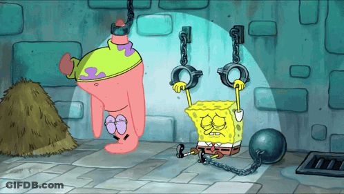 A Cartoon Of Patrick Star And Spongebob Being Chained Up GIF