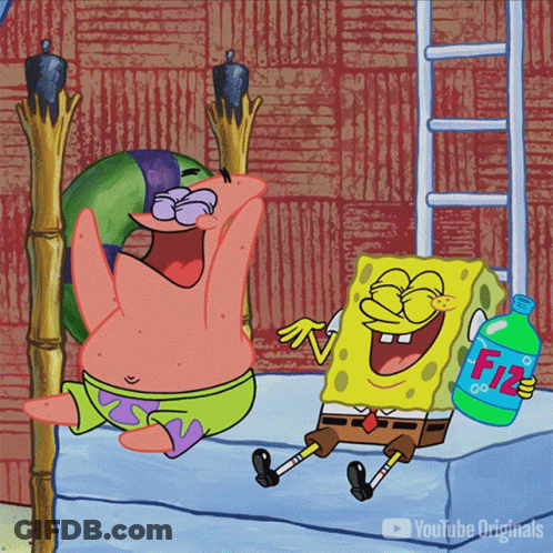 A Cartoon Of Patrick Star And Spongebob Sitting On A Bed With A Bottle Of Fizz GIF