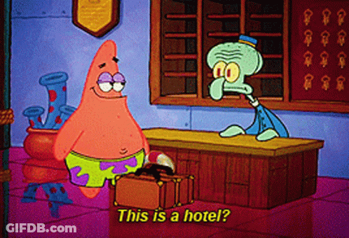 A Cartoon Of Patrick Star And Squidward From Spongebob Squarepants Talking About A Hotel GIF