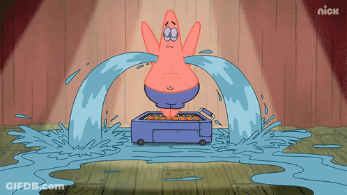 A Cartoon Of Patrick Star Crying With Water Pouring Out Of His Eyes GIF