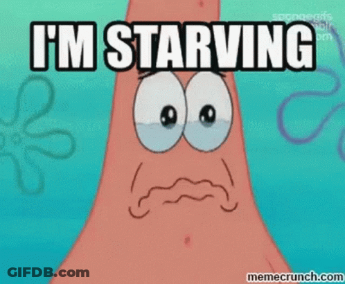 A Cartoon Of Patrick Star From Spongebob Squarepants Is Saying `` I 'M Starving '' . GIF