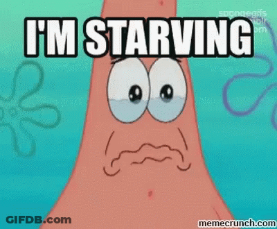 A Cartoon Of Patrick Star From Spongebob Squarepants Says " I 'M Starving " GIF