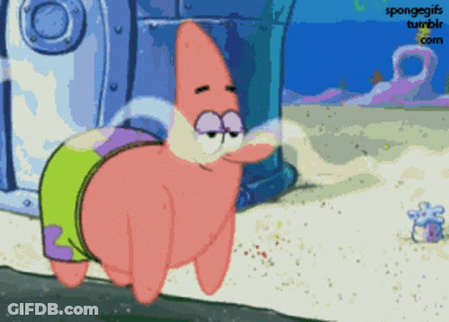 A Cartoon Of Patrick Star From Spongebob Squarepants Standing On The Beach GIF