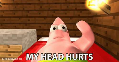 A Cartoon Of Patrick Star Laying On A Bed With The Words " My Head Hurts " Above Him GIF
