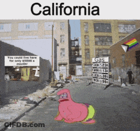 A Cartoon Of Patrick Star Laying On The Ground In Front Of A Gas Station In California GIF
