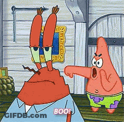 A Cartoon Of Patrick Star Pointing At A Crab That Says Boo GIF