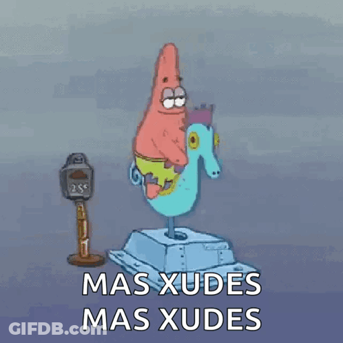 A Cartoon Of Patrick Star Riding A Seahorse Next To A Parking Meter That Says Mas Xudes Mas Xudes . GIF