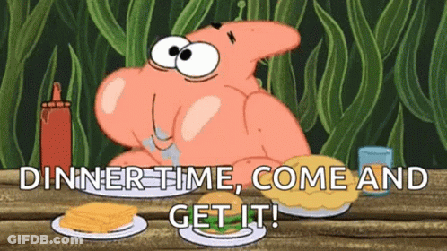 A Cartoon Of Patrick Star Sitting At A Table With Plates Of Food And The Words Dinner Time Come And Get It GIF