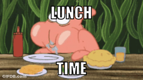 A Cartoon Of Patrick Star Sitting At A Table With Plates Of Food And The Words Lunch Time On The Bottom GIF