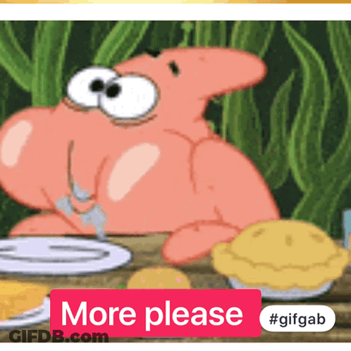 A Cartoon Of Patrick Star Sitting At A Table With Plates Of Food GIF