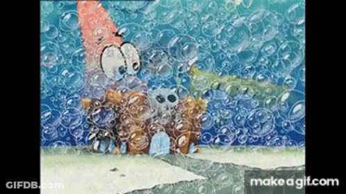 A Cartoon Of Patrick Star Surrounded By Bubbles In The Water GIF