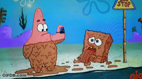A Cartoon Of Patrick Star Taking A Picture Of Spongebob And A Stop Sign GIF
