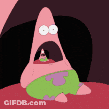 A Cartoon Of Patrick Star With His Mouth Open And A Surprised Look On His Face GIF