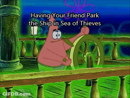 A Cartoon Of Patrick Steering A Ship In Sea Of Thieves GIF