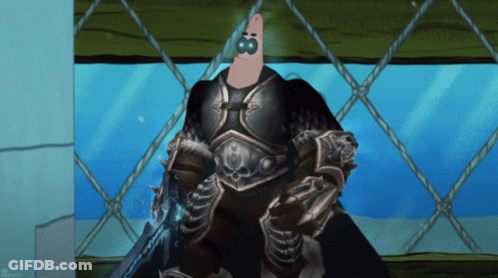 A Cartoon Of Patrick Wearing Armor And Holding A Sword In Front Of A Window GIF