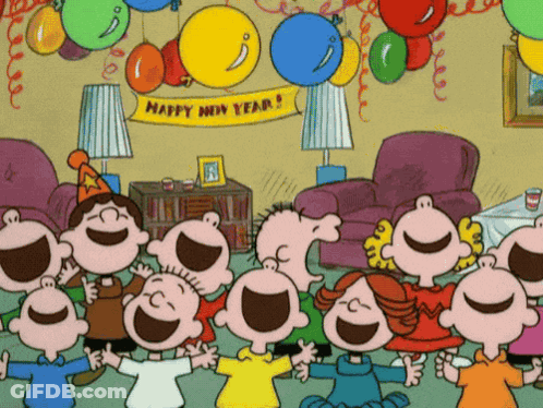 A Cartoon Of Peanuts Celebrating New Year 'S Eve With Balloons And A Banner That Says Happy New Year 'S GIF