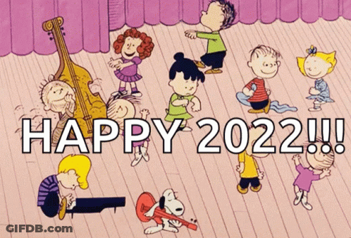 A Cartoon Of Peanuts Characters Dancing With The Words Happy 2022 Written Above Them GIF