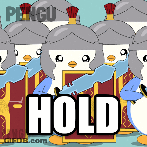 A Cartoon Of Penguins Holding Swords With The Word Hold In The Corner GIF