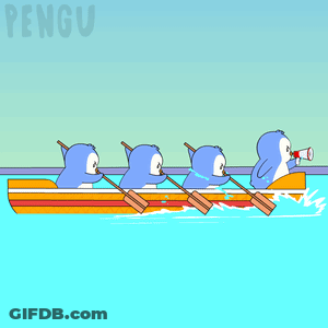 A Cartoon Of Penguins In A Boat With The Word Pengu On The Bottom Left GIF
