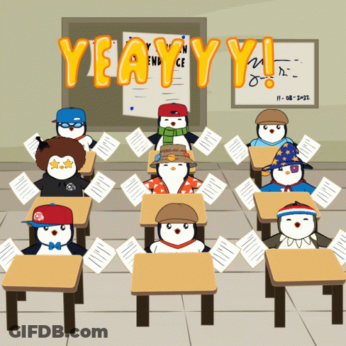 Penguins In Classroom With Yeayy Text GIF