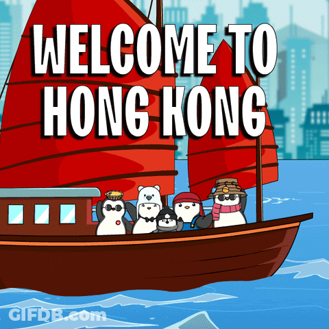 A Cartoon Of Penguins On A Boat With The Words Welcome To Hong Kong Above Them GIF