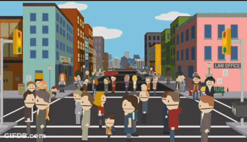 A Cartoon Of People Crossing A Street In Front Of A Hotel And A Law Office GIF